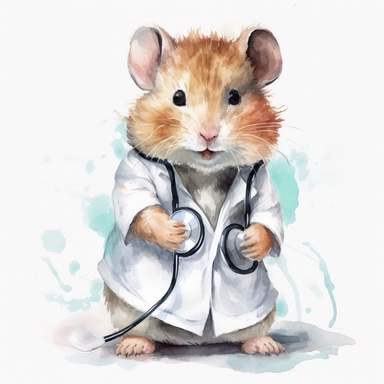 watercolor clipart, vey cute happy hamster, wearing a stethoscope and a white coat, working as a veterinarian, watercolor style, realistic, bright colors, 300 dpi, 8k, white and clear background, high solution, no watermark
