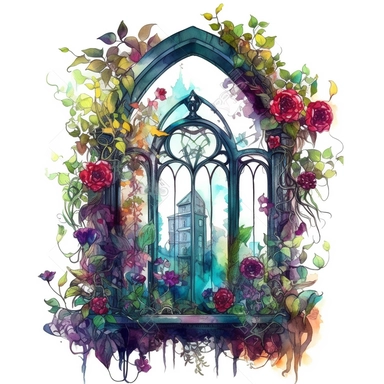 a gothic victorian window, overgrown with very big colorful flowers and a lot of green beautifully designed, very clear view on a detailed victorian city, in the style of dark intense colors, oh my god is this beautiful, watercolor, clipart, white background