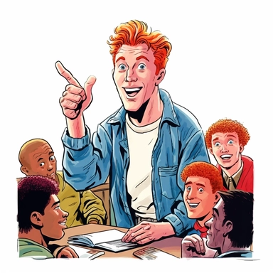 a clip art illustration of a young-looking, happy, 22 year old, red-headed, thinning hair, blue eyed man teaching about AIDS to a classroom of teenagers on Long Island in the early 1990s