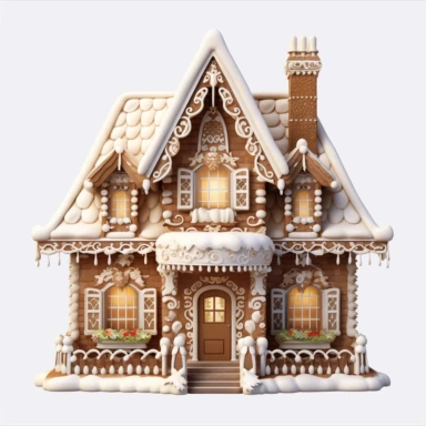 very detailed, front of gingerbread house for clipart, flat, no 3D, light brown and white, transparent background