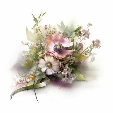 a simple gorgeous wildflowers and flowers corsage with ribbon and greenery on white background clipart, soft pink, cream, blush, and green color theme, watercolor painting realistic, high quality, vibrant, Vicente Romero Redondo, Willem van Aelst, Elsa Beskow