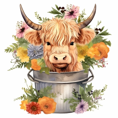 baby highland cow in a small rustic tub covered in flowers and grass with wildflowers all over the place clipart add a ton of flowers clipart watercolor make it cute
