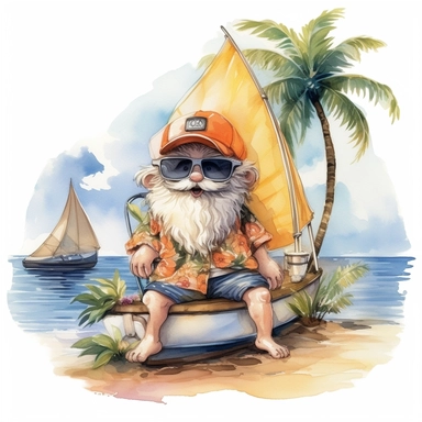 gnome sailor on yacht in Hawaii beach outfit, vibrant color, clipart, watercolor illustration, white background