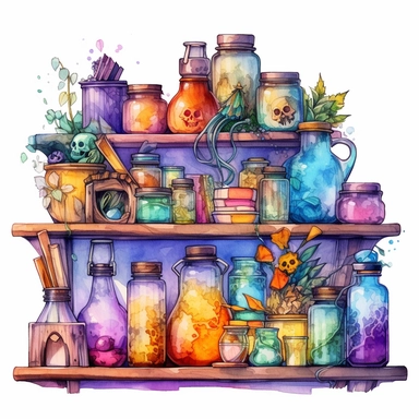 Witches PotionShelf Watercolor dreamy Clipart, pastel-core purple turquoise blue orange red yellow Magical Mystical Art, Fantasy Clipart, Witchcraft Potion many details style of Demizu Posuka no people