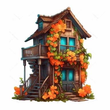 colorful wooden house with orange flower vine clipart, high detail, illustration style, high solution, on the white background