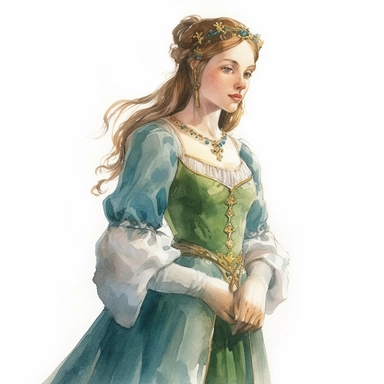 Imagine a watercolor clipart that captures the charm and elegance of a medieval young lady of high nobility. In this prompt, the view will be a side view, emphasizing her facial features and upper body. The young lady will be adorned in a beautifully crafted gown that signifies her noble status. The watercolor medium will bring out the rich textures and intricate details of the fabric, highlighting its opulence. The colors chosen will reflect the period, such as deep blues, rich purples, or eart