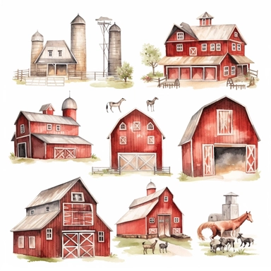 Watercolor Barns Clipart. Farm Style. Red Barn House, Horse, Tractor, Windmill, Wood Gate Illustrations. Wedding Invitation DIY white background