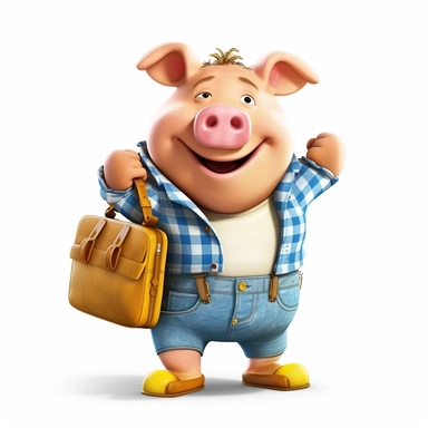 friendly pig wearing pants packing a bag, happy pig wearing pants packing a bag, cartoon image, clipart, vivid colors