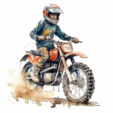 Vintage kids Dirt Bike with a kid riding it on dirt with helmet ,Watercolor,Clipart,Isolated, White background