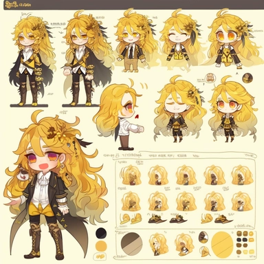 character sheet, knoling, clipart, inventory catalog, cute chibi character, golden wavy long hair, long bangs, yellow-green eyes, flat chest, beautiful young boy, gothic, frill, lace shirt, high West brown shorts, yellow bird, mimosa, yellow jewelry, ribbon