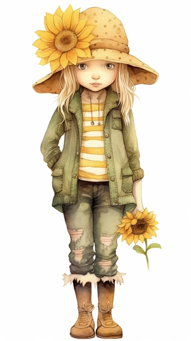 paper doll, sunflower country girl, full body vintage watercolor, I can't believe how beautiful this is, holly hobbie and nicoletta ceccoli clipart on white background