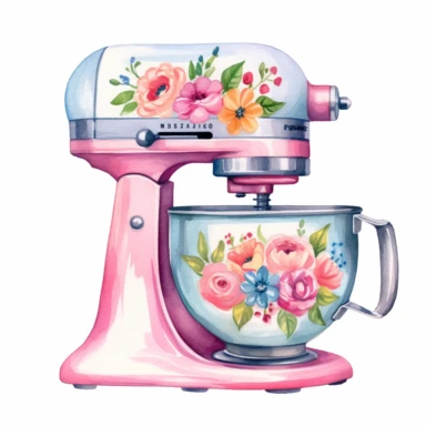watercolor clipart, A vintage style drawing of a Stand Mixer kitchen aid style, flower, high resolution, white background, Sublimation graphics, by Katie Daisy , Watercolor clipart, single design, single object,print on demand image, PNG transparent background, white background for removing background - - no text shadow font watermark, 8k
