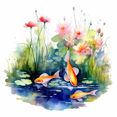 clipart, isolated on white background, Watercolor Spring pond with swimming colorful fish underwater, flowers, ornated, vivid and vibrant and saturated colors