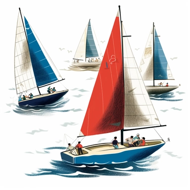 one Blue one red and clipart, illustration type 3 sealing boats are in the midst of a sailing competition, and the tension and excitement of the race is palpable. All these should be in one line with long 0.7 distance and coming toward. The crew members are focused and intense, determined to steer their boat to victory. The boat that is leading the race is depicted in the foreground, with its crew members cheering and celebrating their succes
