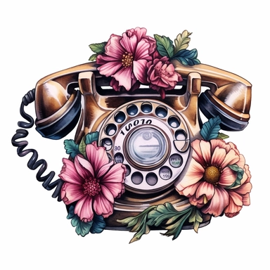 gothic petals retro telephone Clipart, watercolor cartoon, hyper realistic, intricate detail, illustration style, high resolution, on the white background