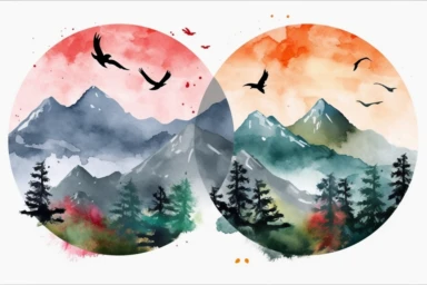 Mountain Scene Forest Clipart, Four seasons, bird flying around, the sun rise behind, with a transparent background, Watercolor Illustration, natural lighting, hot color,