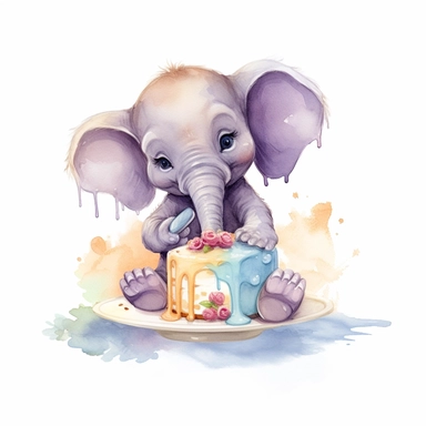 Create a watercolor illustration clipart of a playful cute Baby Elephant Eating a delicious cake, with its full body visible. Use soft, flowing brushstrokes and a warm, inviting color palette to create an image that is both charming and whimsical. Incorporate intricate details like the motion of Baby Elephant Eating a delicious cake to create a lifelike, realistic image. Can add other elements to the illustration like related item to play to create playful scene. Use white background to allow th
