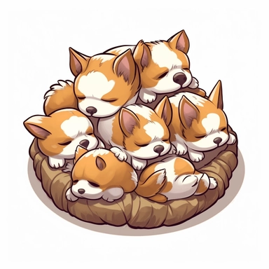 isometric clipart, a pile of 5-6 baby corgi dogs sleeping, extremely cute, fluffy, big ears, line drawing, white background, ins style,