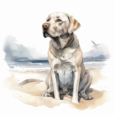 Hand drawn Labrador dog, at the beach, very detailed and realistic, watercolor, white background with margins, clipart style