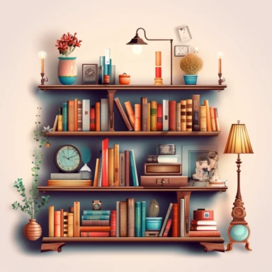 watercolered clipart traditional bookcase with horizontal shelves on which books of different sizes and colors are placed with decorative elements like a lamp or a plant