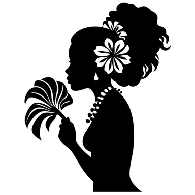 beautiful mermaid logo, fancy fin, mermaid with flowers in hair, blowing a conch shell, black clipart silhouette, solid white background,