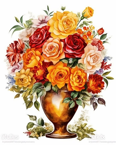 Watercolor clipart of a vase with mix of various colors of roses like orange + red + yellow + white , isolated from solid white background, 8k, intricate details, boardwalk colors