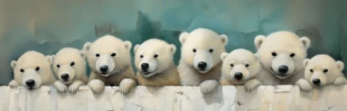 a row of cute miniature polar bear cubs, a collage of mixed media art made with tissue paper, magazine and newspaper clippings, oil paint, graphite pencil lines and fabric, in the style of playful surrealism, whimsical, washi tape