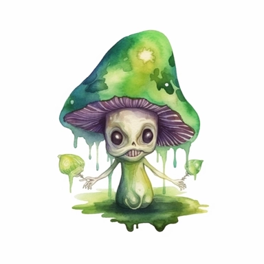 magic mushroom zombie, cute green mushroom zombie, Watercolor clipart, magic solid background, transparent