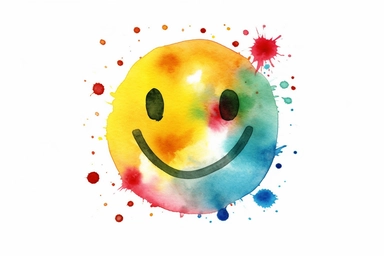 a colorful watercolor clipart image for [A widely Smiley Face recognized symbol of happiness and positivity, featuring a yellow circle with two black dots for eyes and an upward-curved line for a mouth.], The clipart should have a clean, crisp appearance, hd, on white background, spaced out, The design should be clean and simple, making it easy to incorporate into different types of media, with a touch of creativity and whimsy that will capture the viewer's attention and imagination.