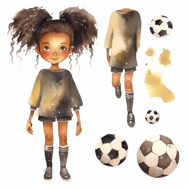 soccer tights watercolor childish sweet cute girl with dark skin clipart football neutral color creme beige with white background--upbeta