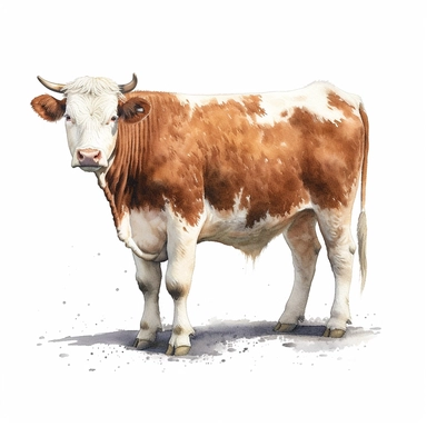 Brown and white mottled scottish Ayrshire dairy cow, highly detailed, watercolor, clipart, illustration, white background, digital painting, paper crafting, no signature, no text