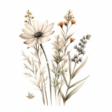 Watercolour wildflowers, beige colors, boho, beautiful details, ultra detailed, ultra photo real intricate detailed, high definition, graphic clipart, hyper realistic, detailed, white background