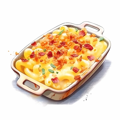 an enchanting watercolor, hyper-realistic clipart image with a white background and white margins, featuring a tray of loaded macaroni and cheese--creamy mac and cheese topped with crispy bacon or breadcrumbs. The ultra-detailed, hand-drawn elements capture the cheesy and comforting textures of the dish. Use whimsical touches to add a touch of whimsy, and bold shades of yellow and brown to evoke the irresistible and nostalgic nature of this fast food favorite.