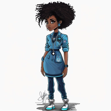 Black African Nurse girl, black hair, afro puff hair style style, perfect, Clip art, hand drawn, cartoon, concept, full body , black shoes, blue scrubs, ar 2:3 white background,stethoscope around neck