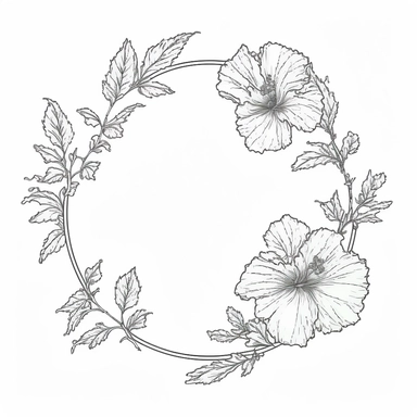 circle Botanical Frame, rose of sharon, clipart, white background, continuous line