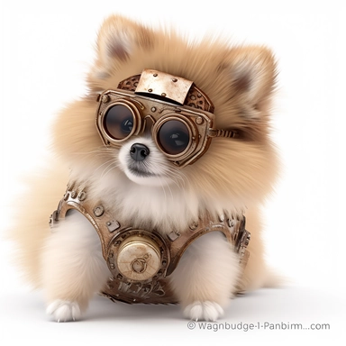 steampunk pomeranian wearing googles, photorealistic, white background, clipart