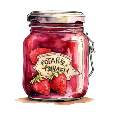 watercolor, hyper realistic, white background, white margins, 16k, ultra detailed clipart, cut out image, hand-drawn a vintage mason jar filled with homemade preserves, like strawberry jam or apple butter. The jar is accompanied by a label with handwritten details, adding to the vintage aesthetic. earthy colors like golden brown and deep red, in the style of pencilsteampunk, delicate watercolor, creative commons attribution, miniaturecore, grocery art, white and amber, website
