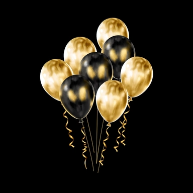 create a hand drawn watercolor clipart of a black and gold balloons, white background, 4k
