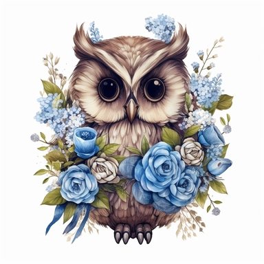 adorable 1950s style owl drawing with blue flower bouquet, clipart