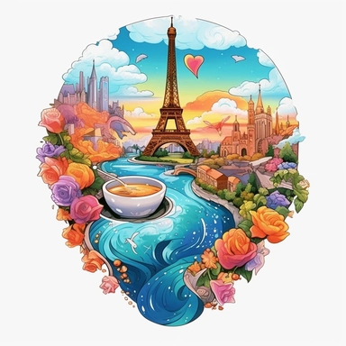 a sticker, artwork of t shirt graphic of paris in digital painting style, eiffel tower well detailed, gardens, beautiful lake, coffee, parisian streets, loving couple, sunrise mountains and clouds, white background, colorful fantasy flower and heart sorround, highly detailed clean, vector image, photorealistic masterpiece, professional photography, realistic, flat white background, isometric, vibrant vector, clipart, illustration, realism, 4k, , cinematic, front view, white background,