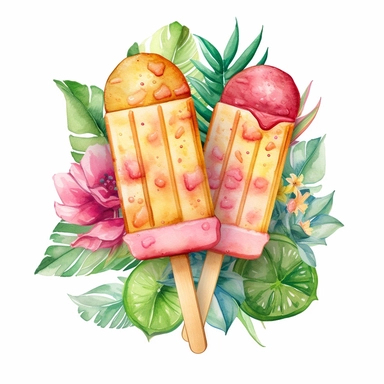 Create a watercolor tropical paradise-themed popsicle clipart with vibrant colors, exotic patterns, and a flavor that transports you to an island getaway
