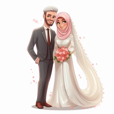 Muslim bride and groom clipart, the bride and groom is touching, in the style of caricature-like, hinchel ,--ar2:3,--8k