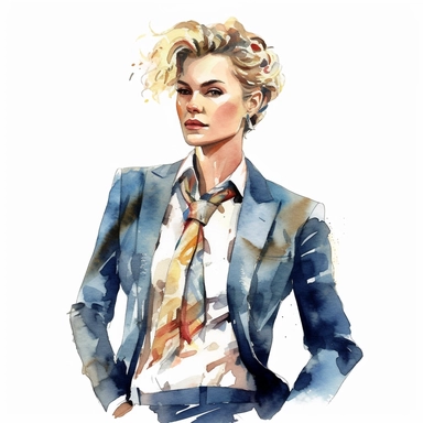 A clipart of a woman in a business suit, showcasing professionalism, painted in watercolor style, designed on a white background.
