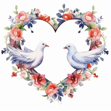 watercolor clipart of wedding doves kissing inside a floral heart wreath, colored ink illustration, good composition, vector, contour, isolated white background, 26k