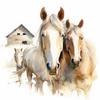 close up view of a. realistic watercolor drawing of horses on a charming farm in France, on a white background where the background will be removed to repurpose as a clipart.