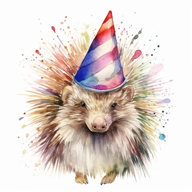 please create watercolor clipart of a porcupine smiling, wearing party HAT AND GLASSES, colorful, WHITE BACKGROUND