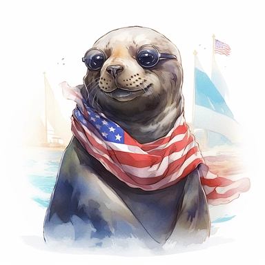 a playful California sea lion with rocky shoreline, wears American flag scarf and sunglasses, Western coastal waters, watercolor style, anime-inspired character designs, hyper-realistic animal illustrations, 2d game art, quadratura, clipart, on white back