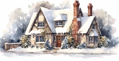 Cute English Cottage, snowy, ornamental watercolor clipart