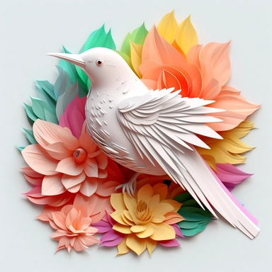 colour 3D white bird clipart, in the style of modern color palettes, cute and dreamy, heavy shading, colorful storytelling, modern style, colour flower background