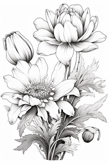 line drawing clipart of tulips and chrysanthemum in black and white